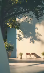 two park benches in front of some trees and concrete