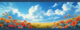 a painting of some flowers and clouds in the sky
