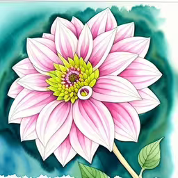 a large flower with two leaves on the stem,an art painting of a flower on a blue background,pink flower with yellow center with leaves and water in background,a painting of a pink flower with a yellow center,a colorful drawing of a pink flower with green leaves
