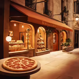 large open shop front with a very large pizza outside