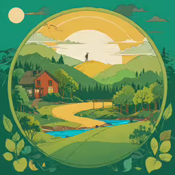 an image of a landscape with mountains, hills and a house,the poster shows a green scene with mountains, trees and water