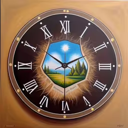 a clock has been painted with pictures of nature,an art clock with a painting of trees and sun in the middle