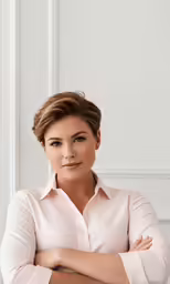 a lady that is posing for a picture with her arms crossed