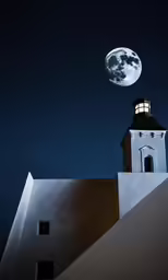 a view from below the moon with buildings in background