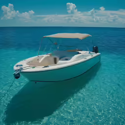 the boat has a covered seat sitting on the water