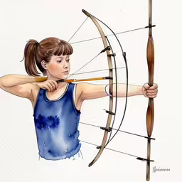 watercolor sketch of young girl shooting a bow with the arrows,a drawing of a little girl that is wearing a blue top