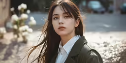 a young woman poses in a casual clothing