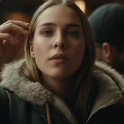 a woman is looking off to the side