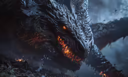 a demonic dragon is shown with glowing eyes