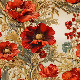 red and gold flowers on a cream wall paper