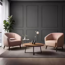 two chairs are in a living room with dark grey walls