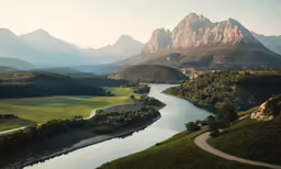 a river flowing down a green hillside with large mountains