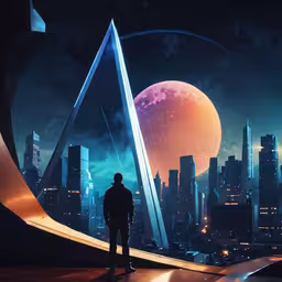 a man stands on the edge of a futuristic city,a man stands on top of a hill looking at the city