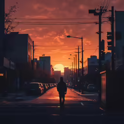 man walking down the street with a sunset in the background