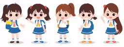 different positions of a girl wearing a backpack and dress