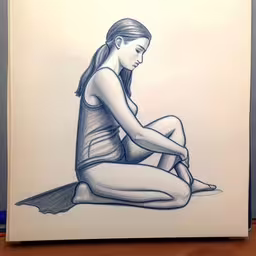 a drawing is drawn on top of a piece of cardboard,a drawing of a woman sitting in a pose