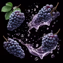 a bunch of grapes with blue and purple juice in front of them