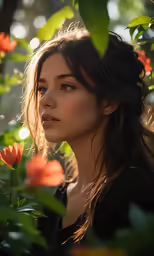 woman with flowers in her hair near trees