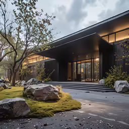 the entrance to the modern house is pictured