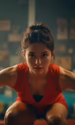 a young woman with dark hair squatting on a box