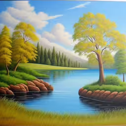 a painting of an artificial lake near the woods,a painting of a river running through a forest