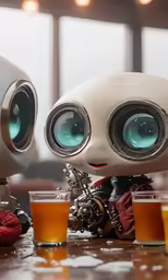 a robot next to three glasses of beer