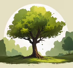 a picture of an image of a tree with large, flat leaves,a drawing of a green tree with roots on it