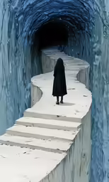 a woman in a long coat standing on stairs