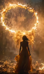 a woman wearing a dress standing in front of a large circular firework