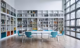 a large library has white book shelves, blue chairs, and table