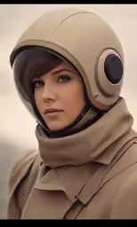 woman wearing an unusual helmet is posing for a portrait