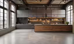 a large open kitchen with lots of windows