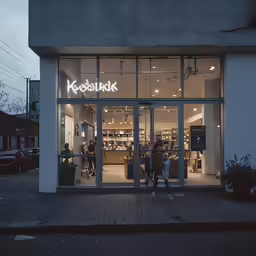 two people walking outside of a store that is lit up