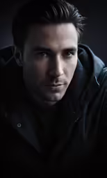 a close up of a person wearing a coat and hoodie