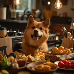 a corgi is sitting at a table with snacks in bowls and other foods to eat