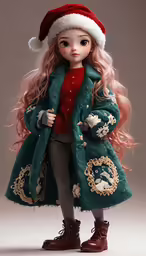 a young girl in a green coat and red hat is standing on a white background