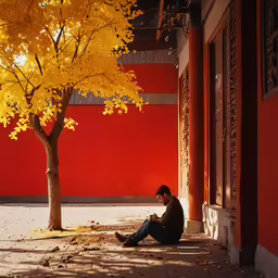 a person is sitting under the tree reading