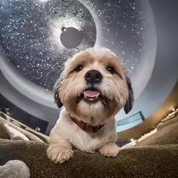 a white dog lying down in front of a ceiling filled with stars