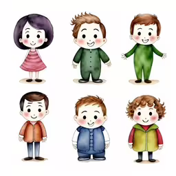 a watercolor set with different childrens wearing clothes,five boys with different color outfits are standing together