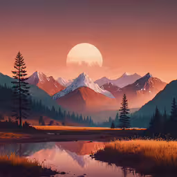 the night sky with a mountain scene reflected in a lake,a painting of the sun setting over mountains above a mountain lake