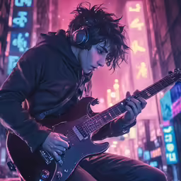 a young man playing a guitar on a city street