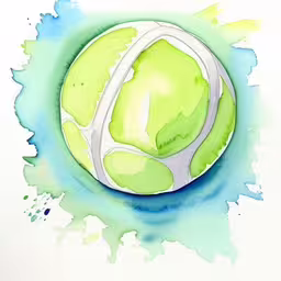 a tennis ball with watercolng and watercolor on paper,a tennis ball is in the middle of some green and blue stains,a watercolor painting of a tennis ball with a white outline,a drawing of a green tennis ball with a blue spot in the middle of it,a watercolor painting of a tennis ball
