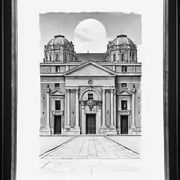 a black and white drawing of a large building