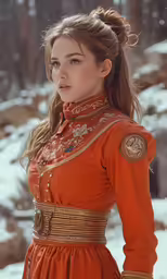 a beautiful woman in an orange outfit is wearing red