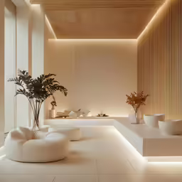 modern lobby area in white with lighting and decor