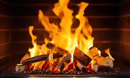 fire burning in an open lit stove and logs