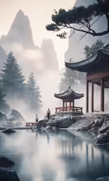 misty oriental scene with people sitting near a lake