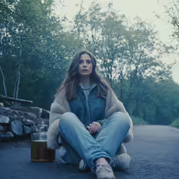 a woman sitting in the middle of a road holding a mug