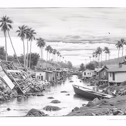 a painting of boats on the shore of a river