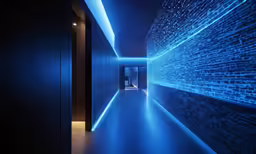 a hallway with blue and white lighting in it